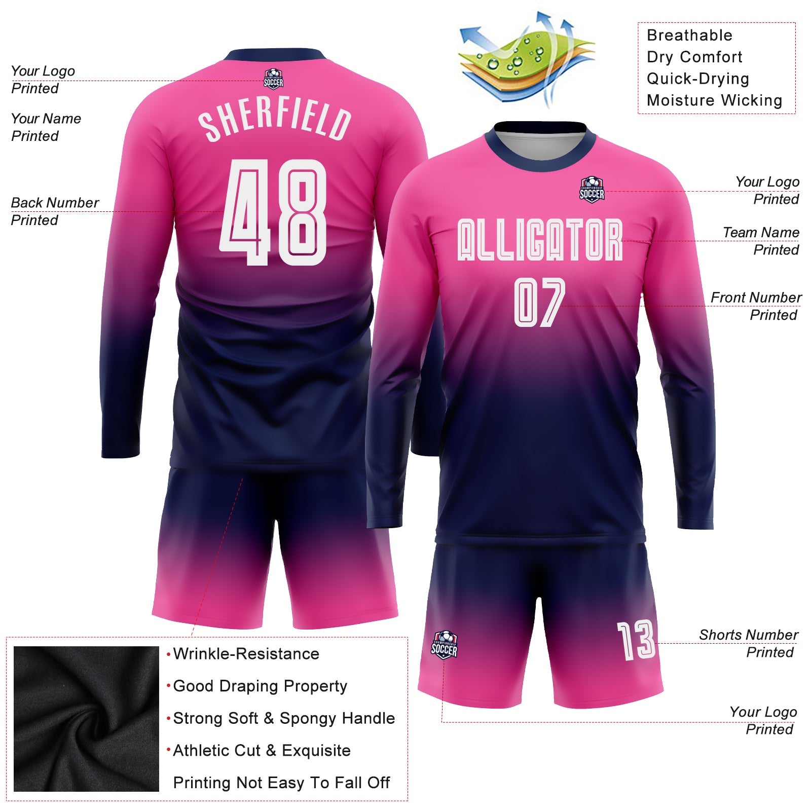 Custom Pink White-Navy Sublimation Long Sleeve Fade Fashion Soccer Uniform Jersey view 3