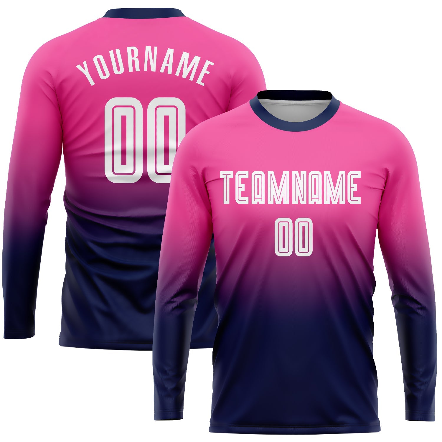 Custom Pink White-Navy Sublimation Long Sleeve Fade Fashion Soccer Uniform Jersey - Main View