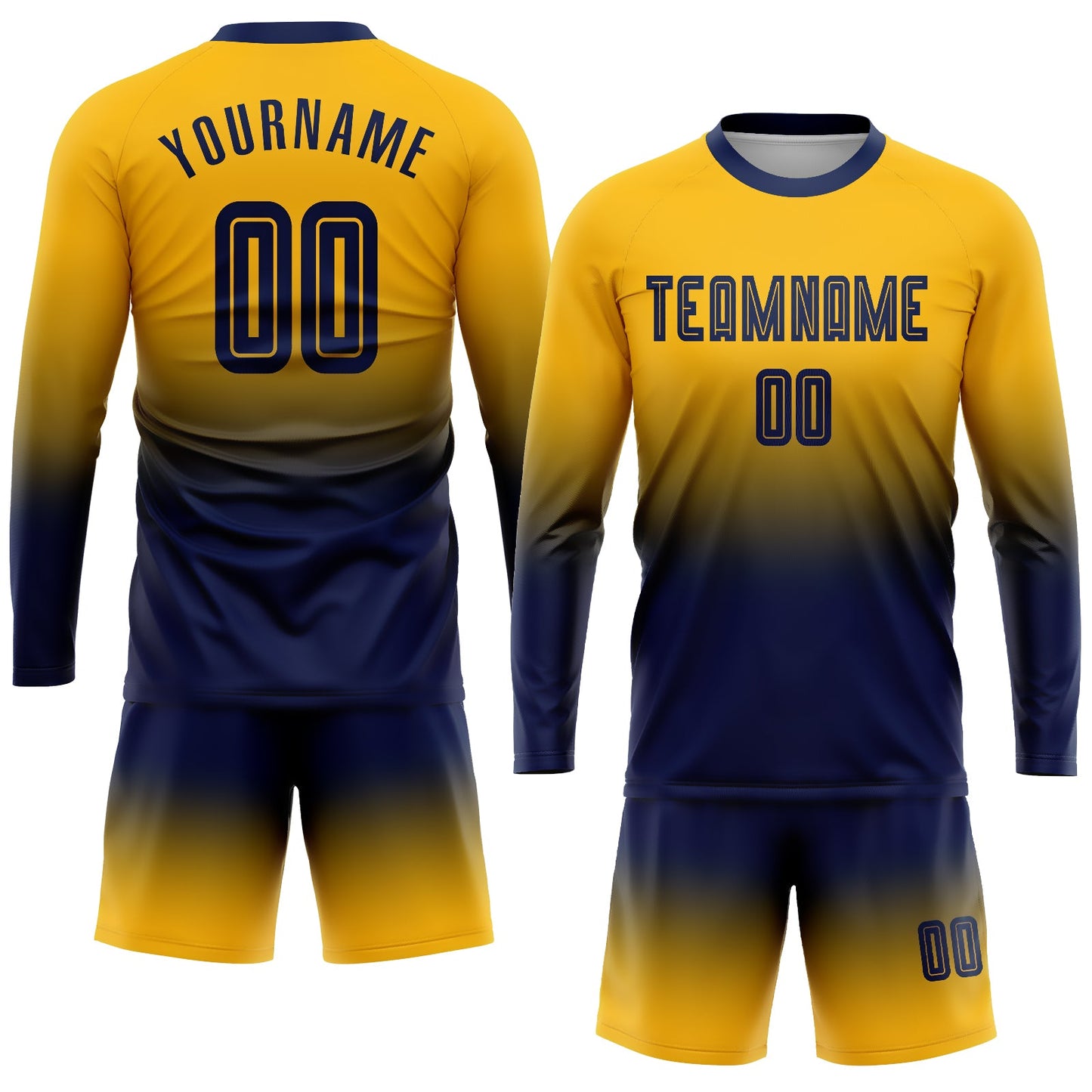 Custom Gold Navy Sublimation Long Sleeve Fade Fashion Soccer Uniform Jersey view 2