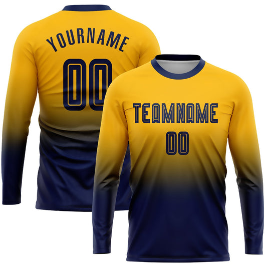 Custom Gold Navy Sublimation Long Sleeve Fade Fashion Soccer Uniform Jersey - Main View
