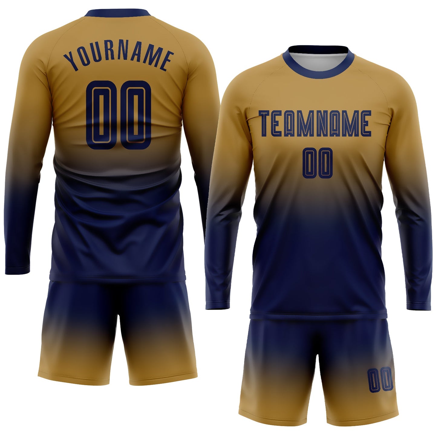 Custom Old Gold Navy Sublimation Long Sleeve Fade Fashion Soccer Uniform Jersey view 2
