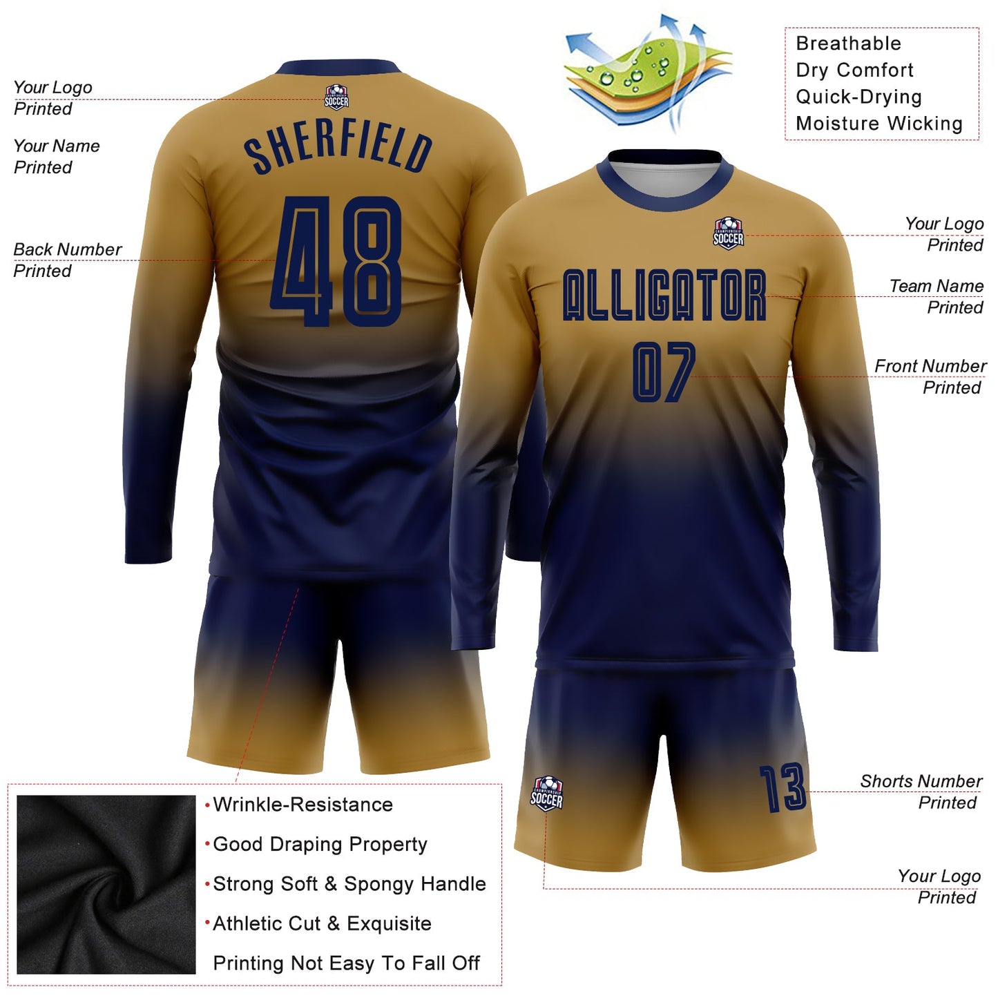 Custom Old Gold Navy Sublimation Long Sleeve Fade Fashion Soccer Uniform Jersey view 3