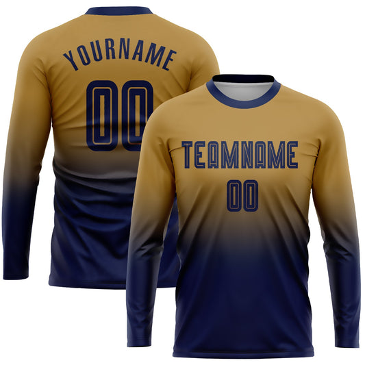 Custom Old Gold Navy Sublimation Long Sleeve Fade Fashion Soccer Uniform Jersey - Main View