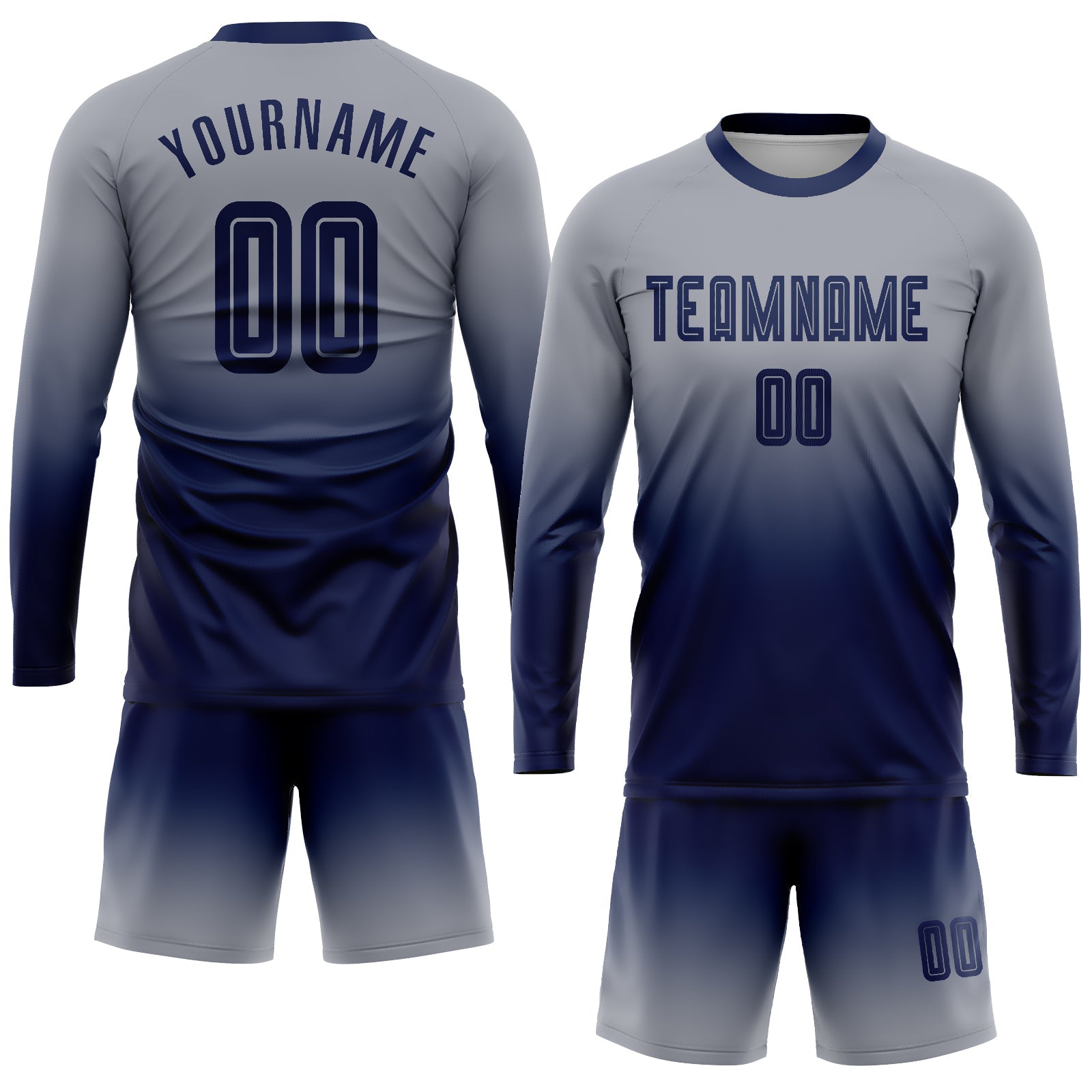 Custom Gray Navy Sublimation Long Sleeve Fade Fashion Soccer Uniform Jersey view 2