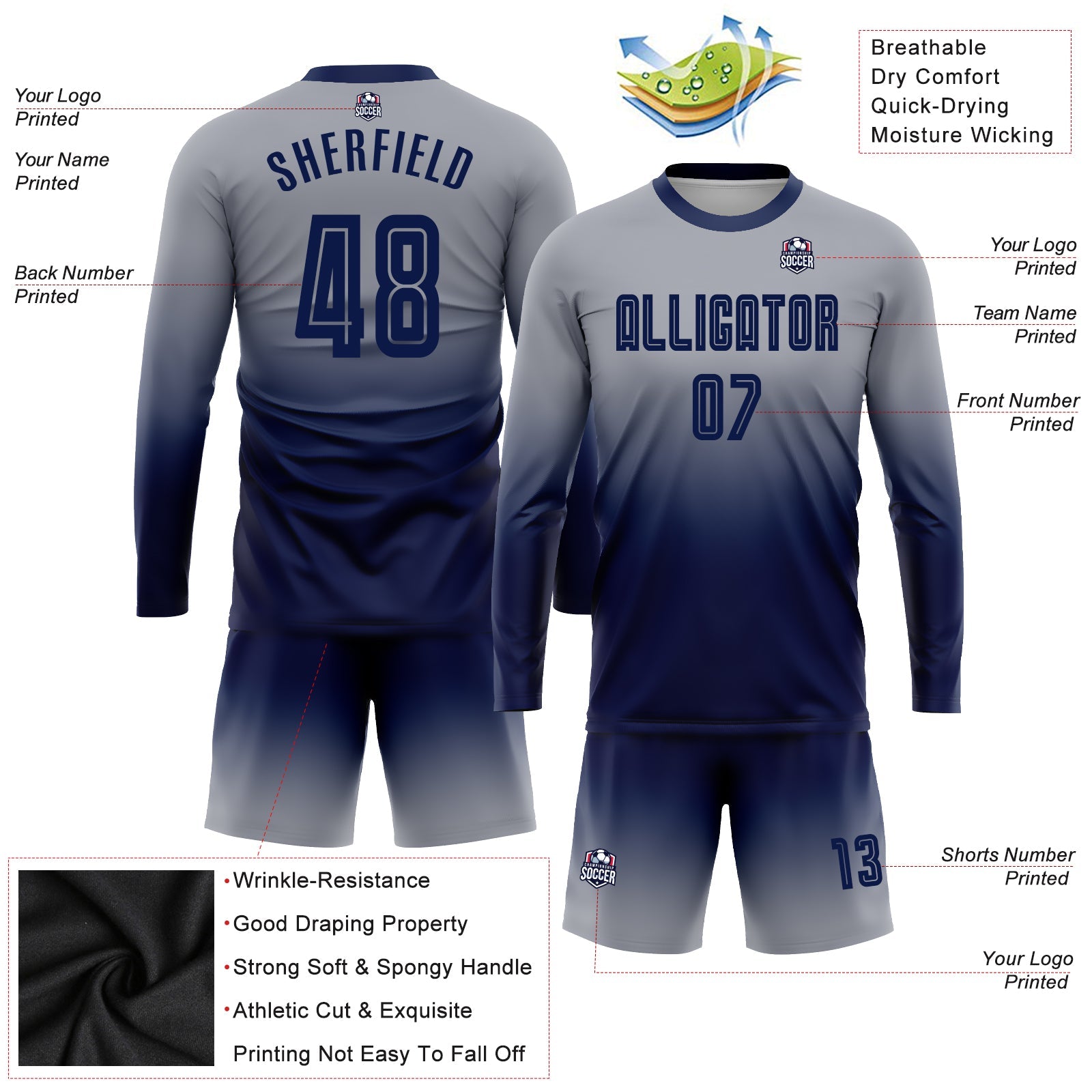 Custom Gray Navy Sublimation Long Sleeve Fade Fashion Soccer Uniform Jersey view 3