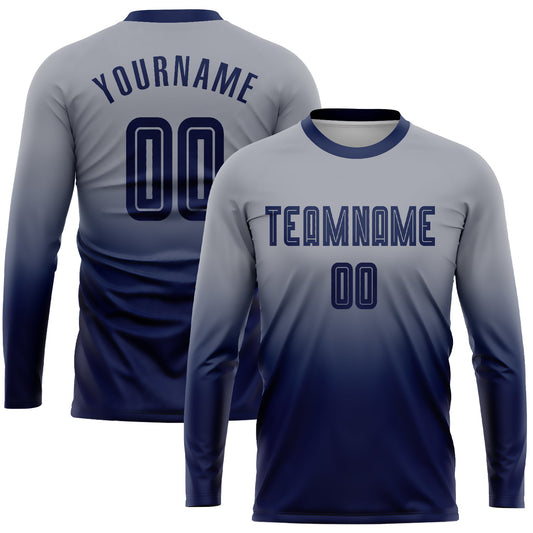 Custom Gray Navy Sublimation Long Sleeve Fade Fashion Soccer Uniform Jersey - Main View