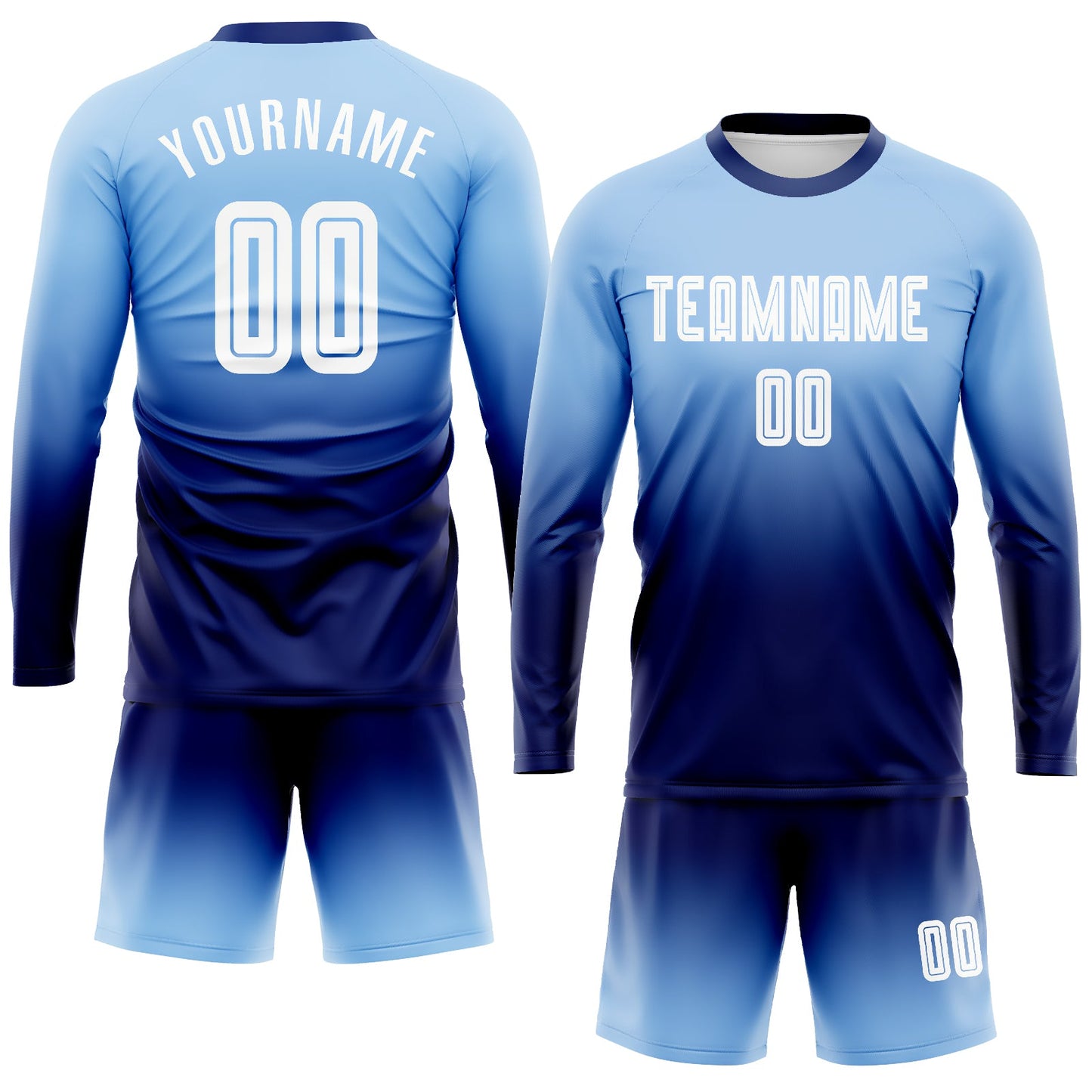 Custom Light Blue White-Navy Sublimation Long Sleeve Fade Fashion Soccer Uniform Jersey view 2