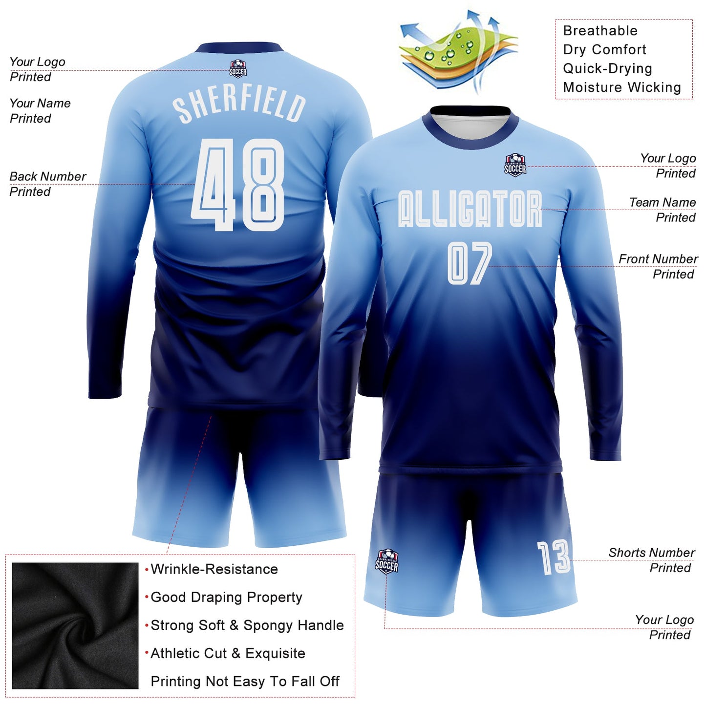 Custom Light Blue White-Navy Sublimation Long Sleeve Fade Fashion Soccer Uniform Jersey view 3