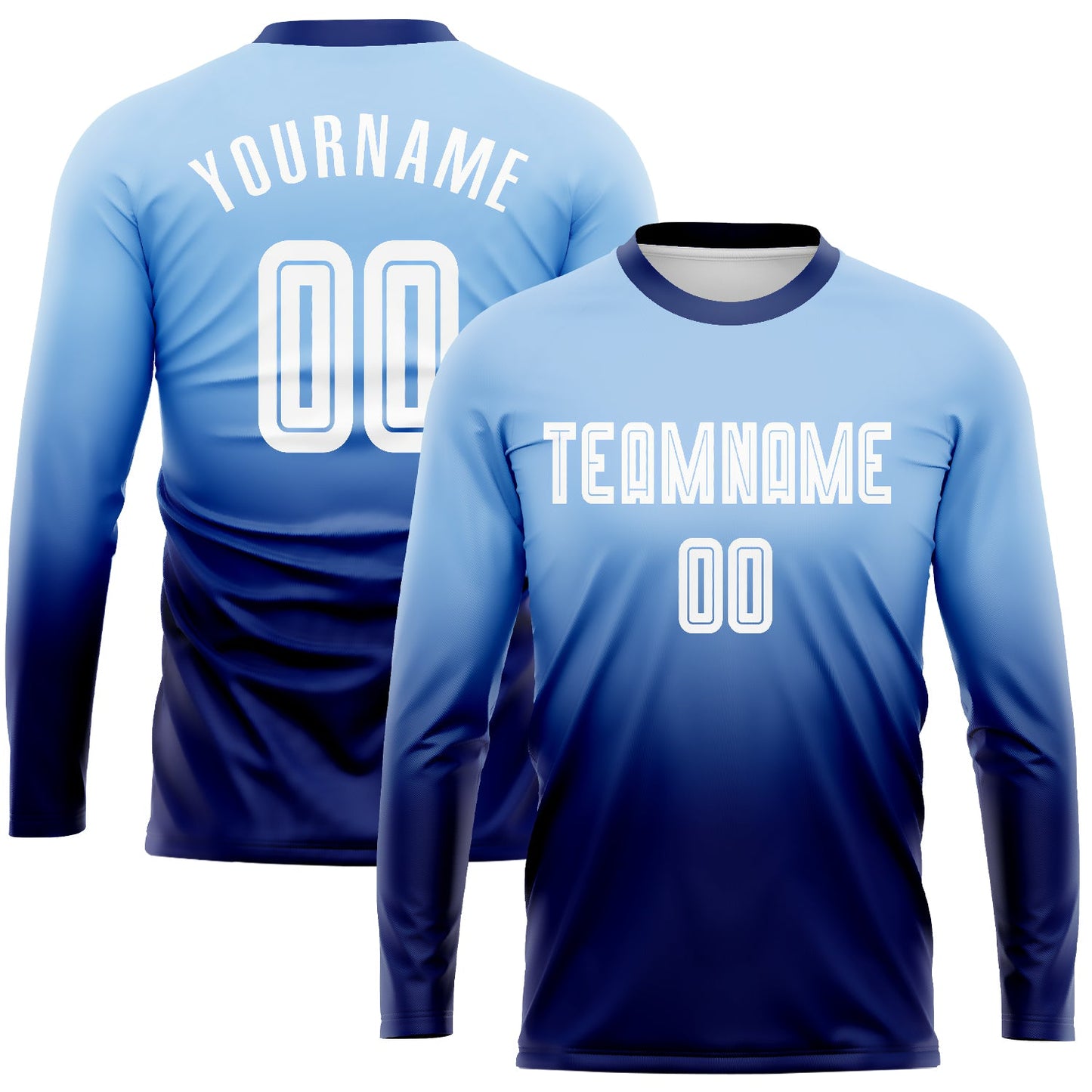 Custom Light Blue White-Navy Sublimation Long Sleeve Fade Fashion Soccer Uniform Jersey - Main View