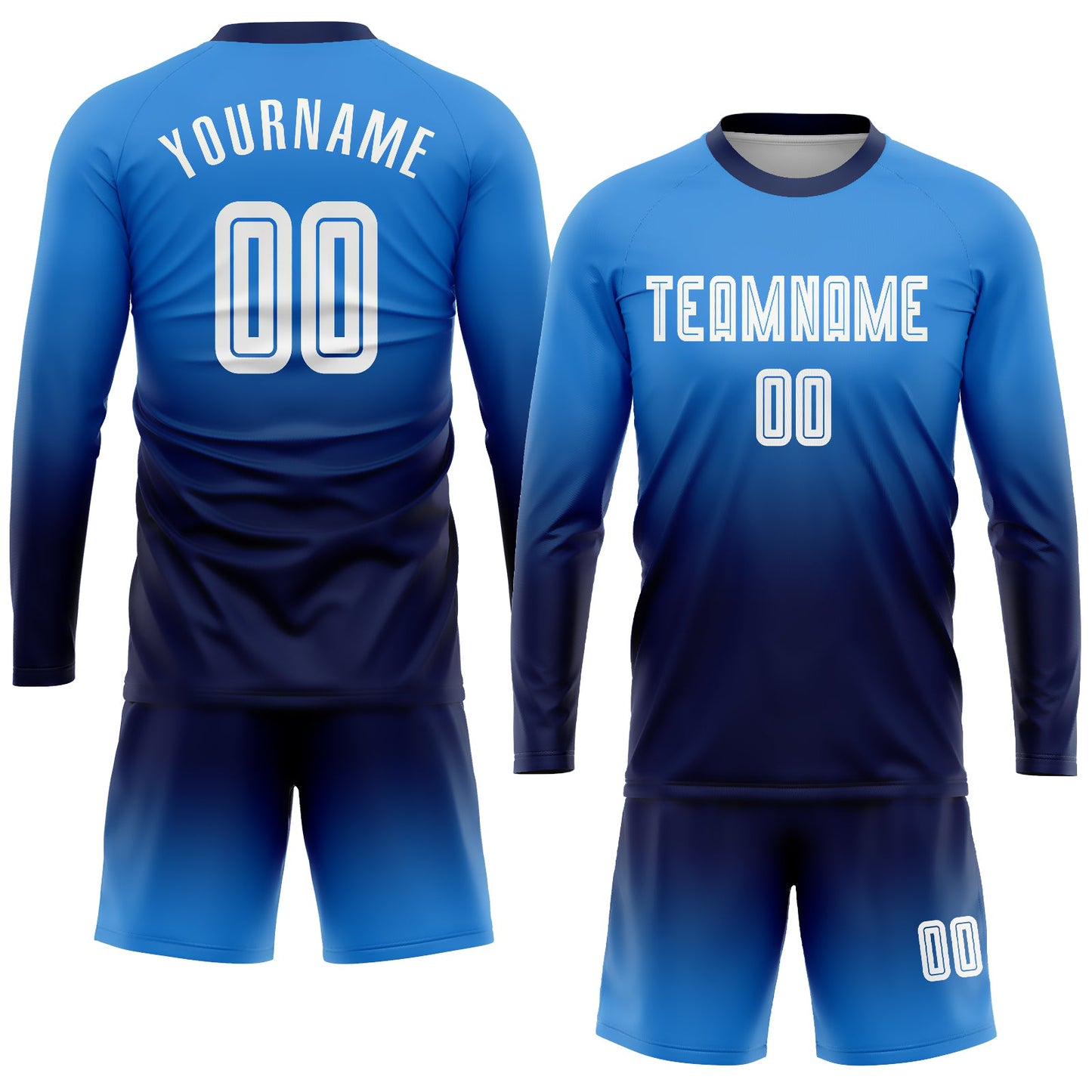 Custom Powder Blue White-Navy Sublimation Long Sleeve Fade Fashion Soccer Uniform Jersey view 2