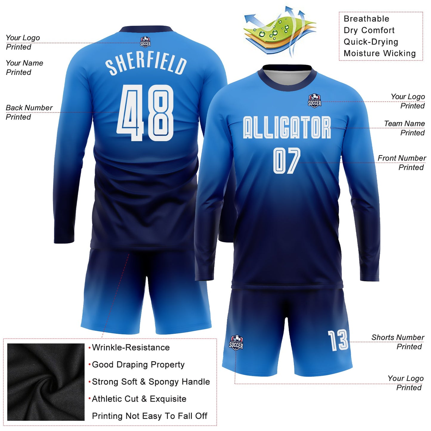Custom Powder Blue White-Navy Sublimation Long Sleeve Fade Fashion Soccer Uniform Jersey view 3