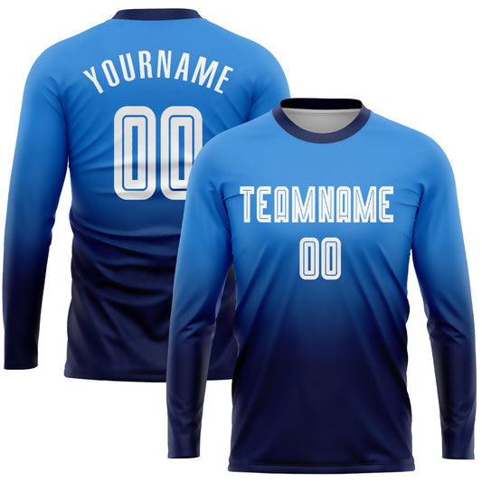 Custom Powder Blue White-Navy Sublimation Long Sleeve Fade Fashion Soccer Uniform Jersey - Main View