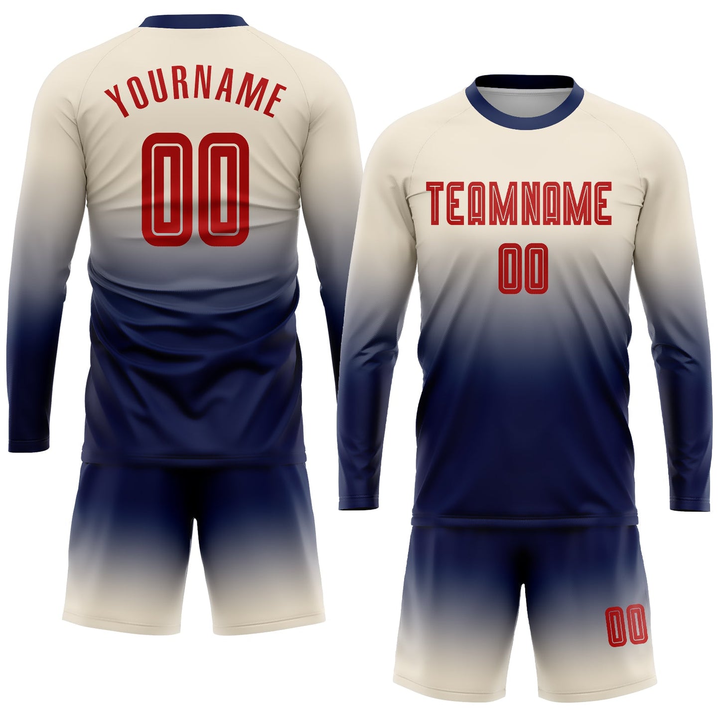 Custom Cream Red-Navy Sublimation Long Sleeve Fade Fashion Soccer Uniform Jersey view 2