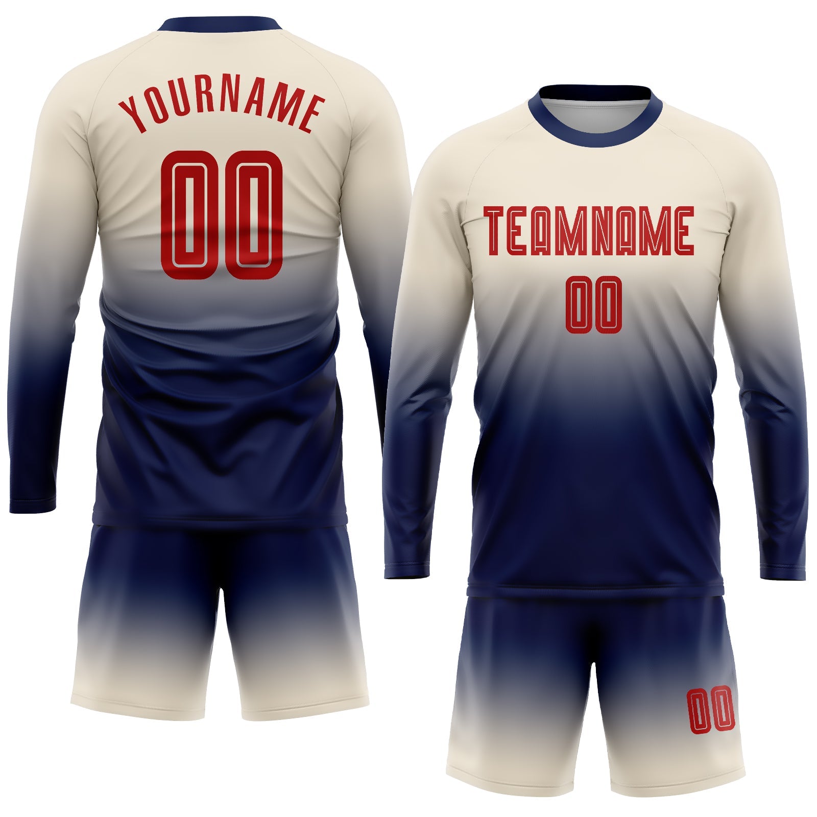Custom Cream Red-Navy Sublimation Long Sleeve Fade Fashion Soccer Uniform Jersey view 2