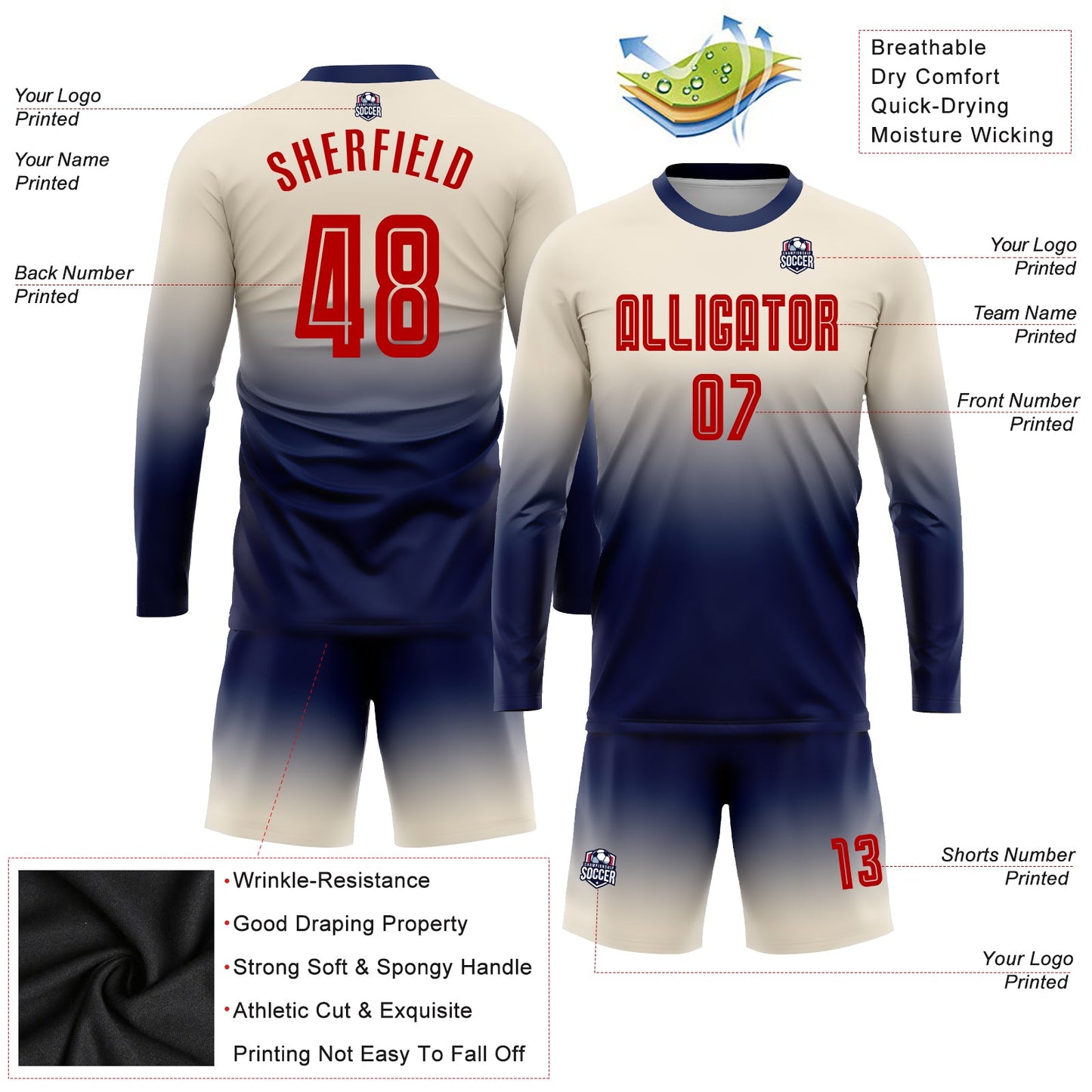 Custom Cream Red-Navy Sublimation Long Sleeve Fade Fashion Soccer Uniform Jersey view 3