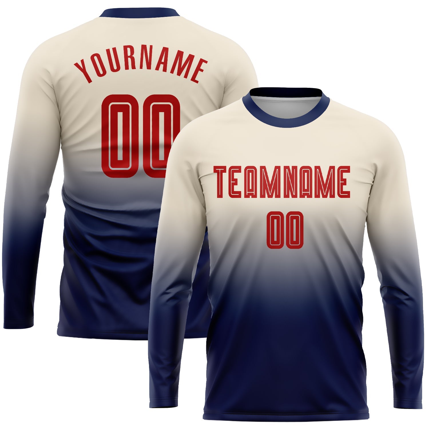 Custom Cream Red-Navy Sublimation Long Sleeve Fade Fashion Soccer Uniform Jersey - Main View