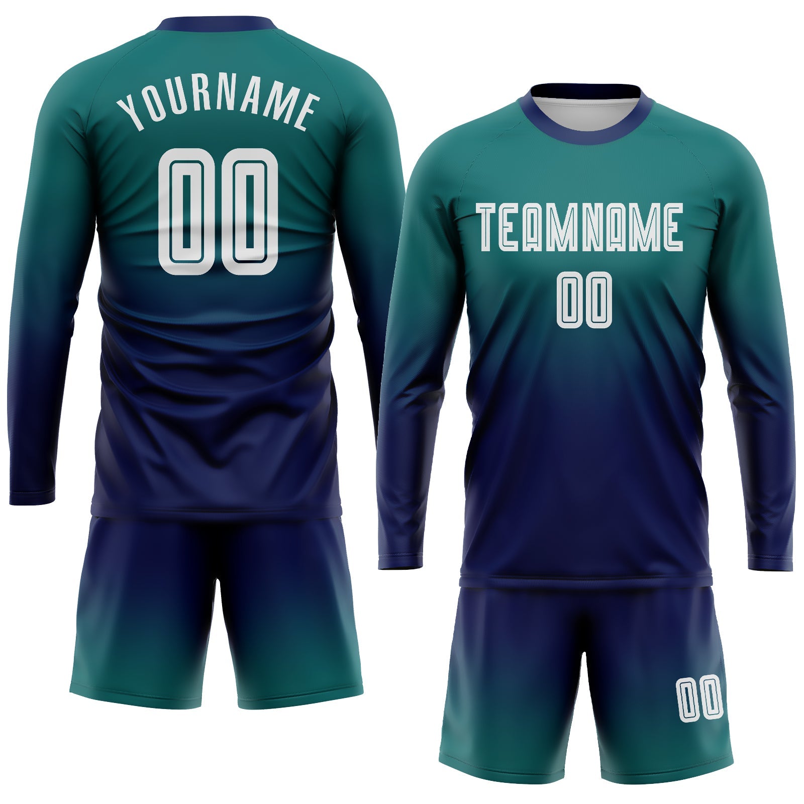 Custom Teal White-Navy Sublimation Long Sleeve Fade Fashion Soccer Uniform Jersey view 2