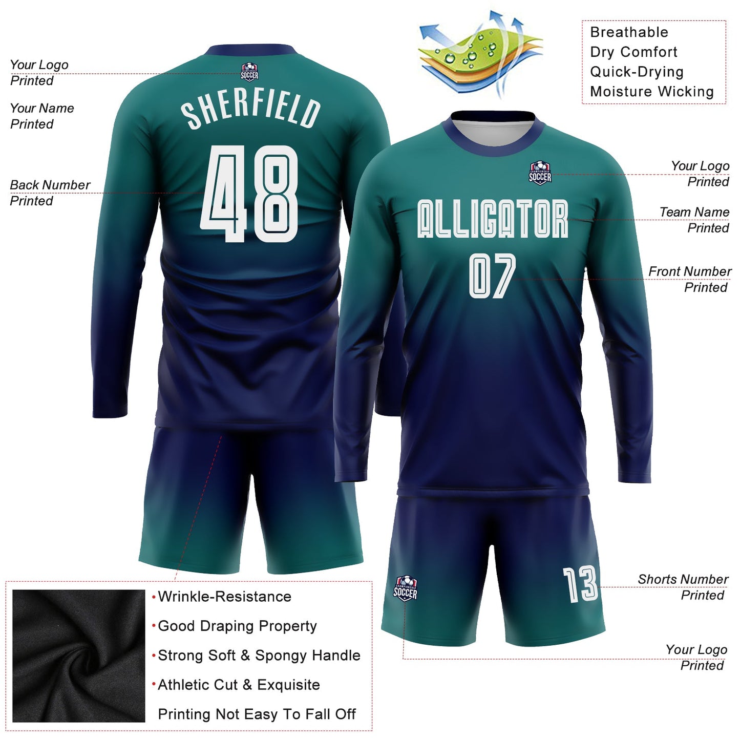 Custom Teal White-Navy Sublimation Long Sleeve Fade Fashion Soccer Uniform Jersey view 3