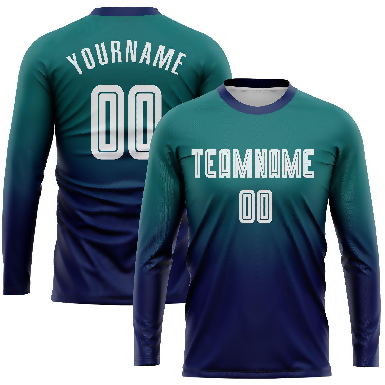 Custom Teal White-Navy Sublimation Long Sleeve Fade Fashion Soccer Uniform Jersey - Main View