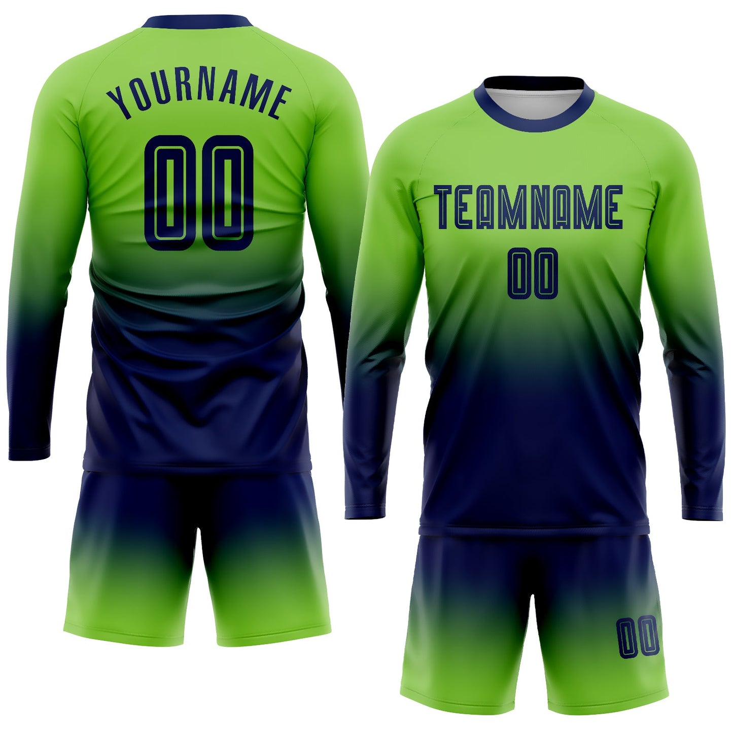 Custom Neon Green Navy Sublimation Long Sleeve Fade Fashion Soccer Uniform Jersey view 2