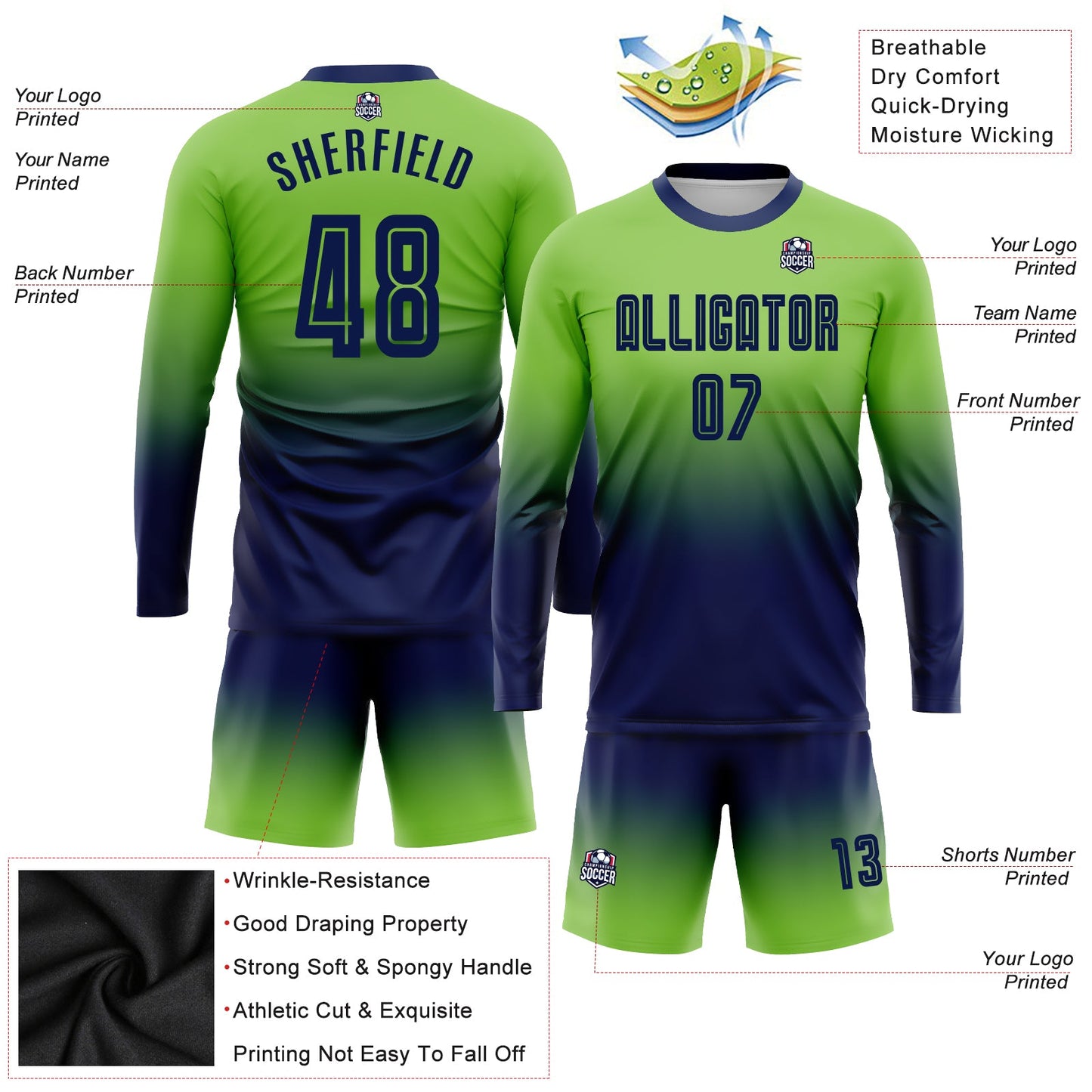 Custom Neon Green Navy Sublimation Long Sleeve Fade Fashion Soccer Uniform Jersey view 3