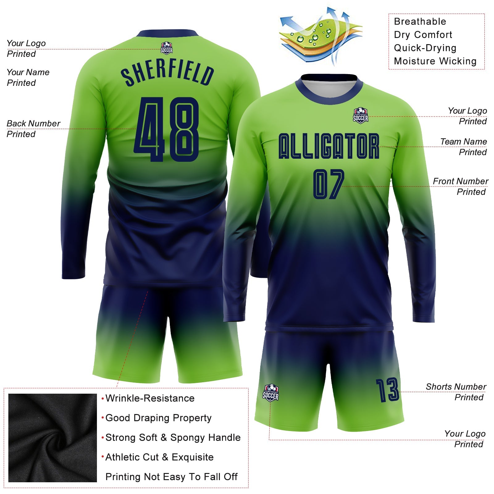 Custom Neon Green Navy Sublimation Long Sleeve Fade Fashion Soccer Uniform Jersey view 3