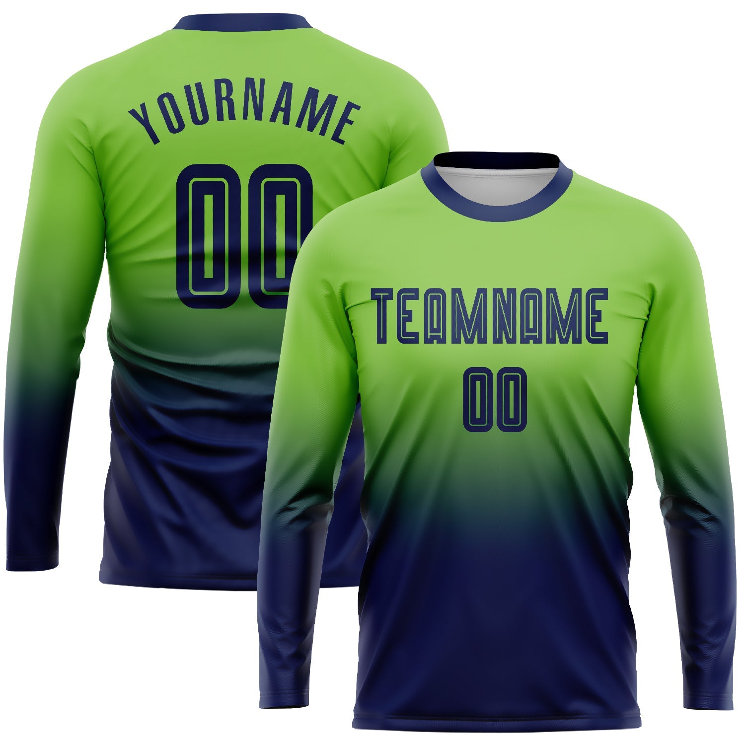 Custom Neon Green Navy Sublimation Long Sleeve Fade Fashion Soccer Uniform Jersey - Main View