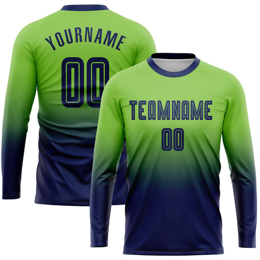Custom Neon Green Navy Sublimation Long Sleeve Fade Fashion Soccer Uniform Jersey - Main View