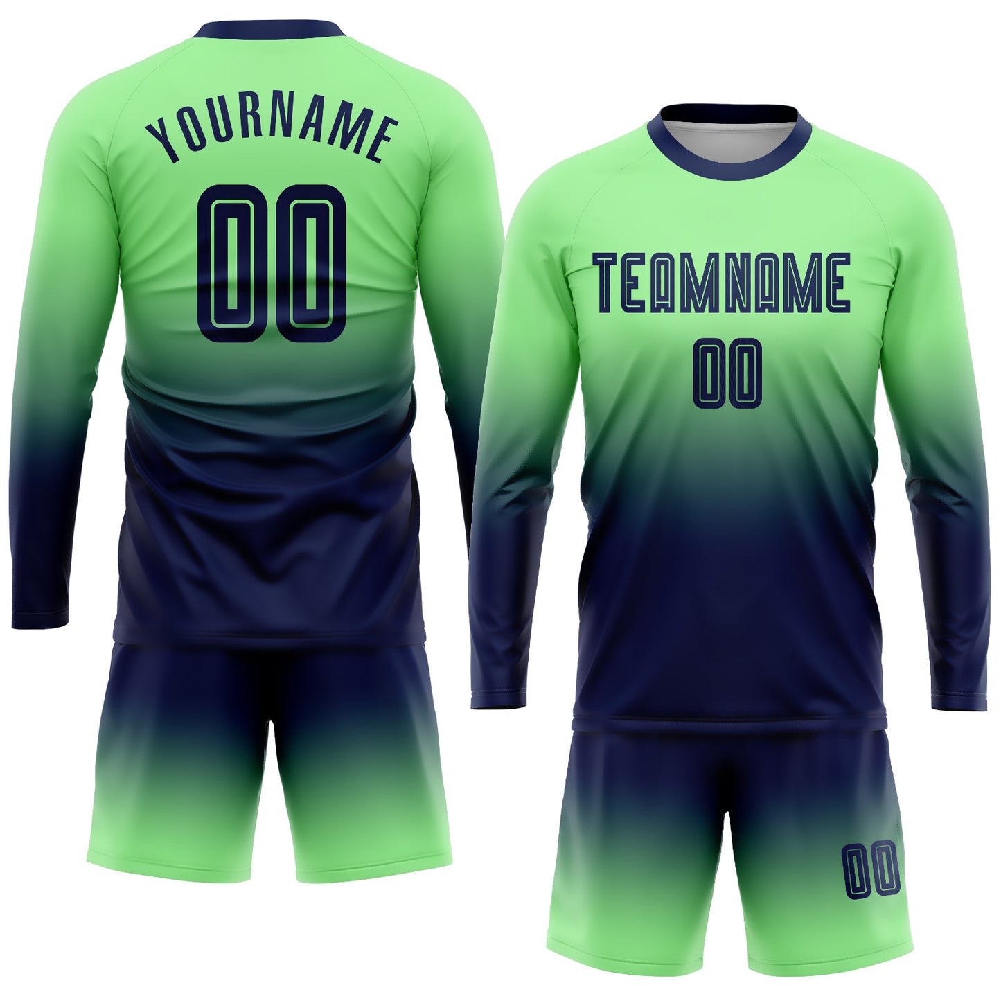 Custom Pea Green Navy Sublimation Long Sleeve Fade Fashion Soccer Uniform Jersey view 2