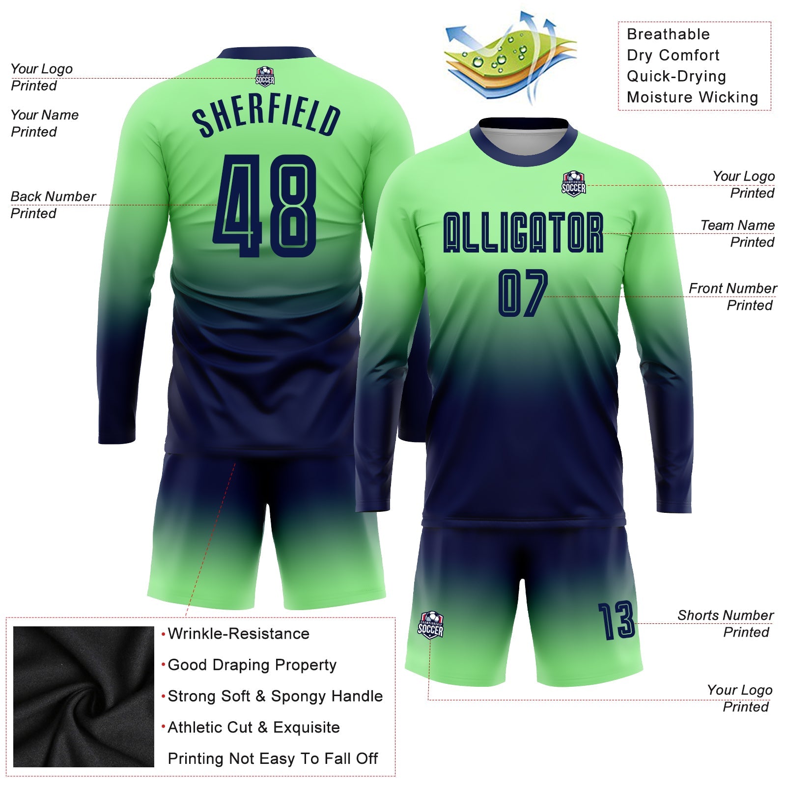 Custom Pea Green Navy Sublimation Long Sleeve Fade Fashion Soccer Uniform Jersey view 3