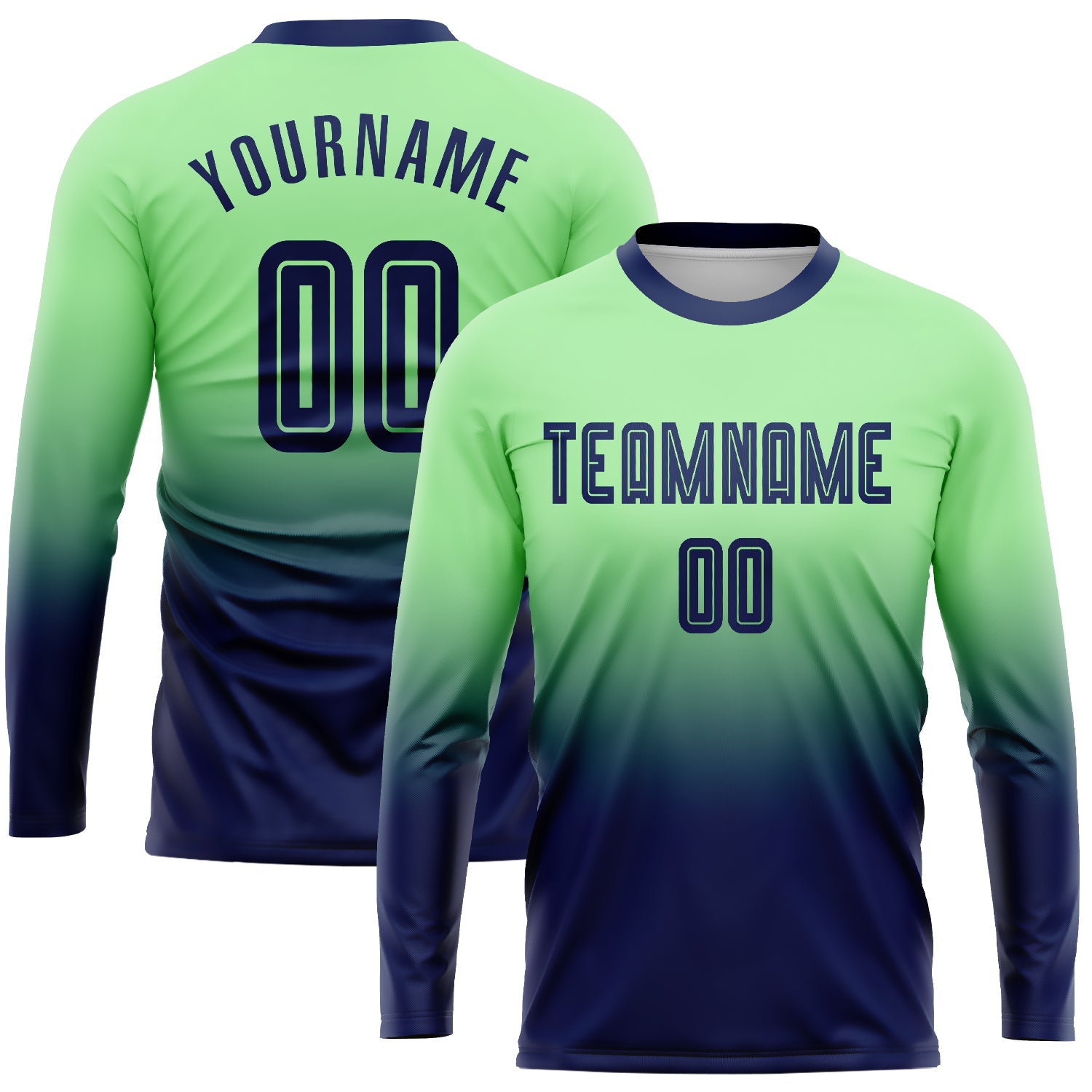 Custom Pea Green Navy Sublimation Long Sleeve Fade Fashion Soccer Uniform Jersey - Main View