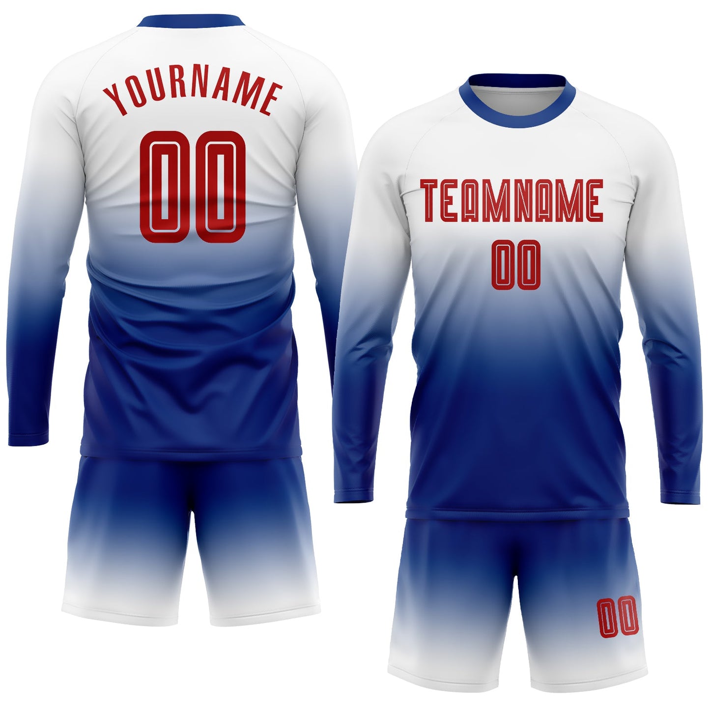 Custom White Red-Royal Sublimation Long Sleeve Fade Fashion Soccer Uniform Jersey view 2