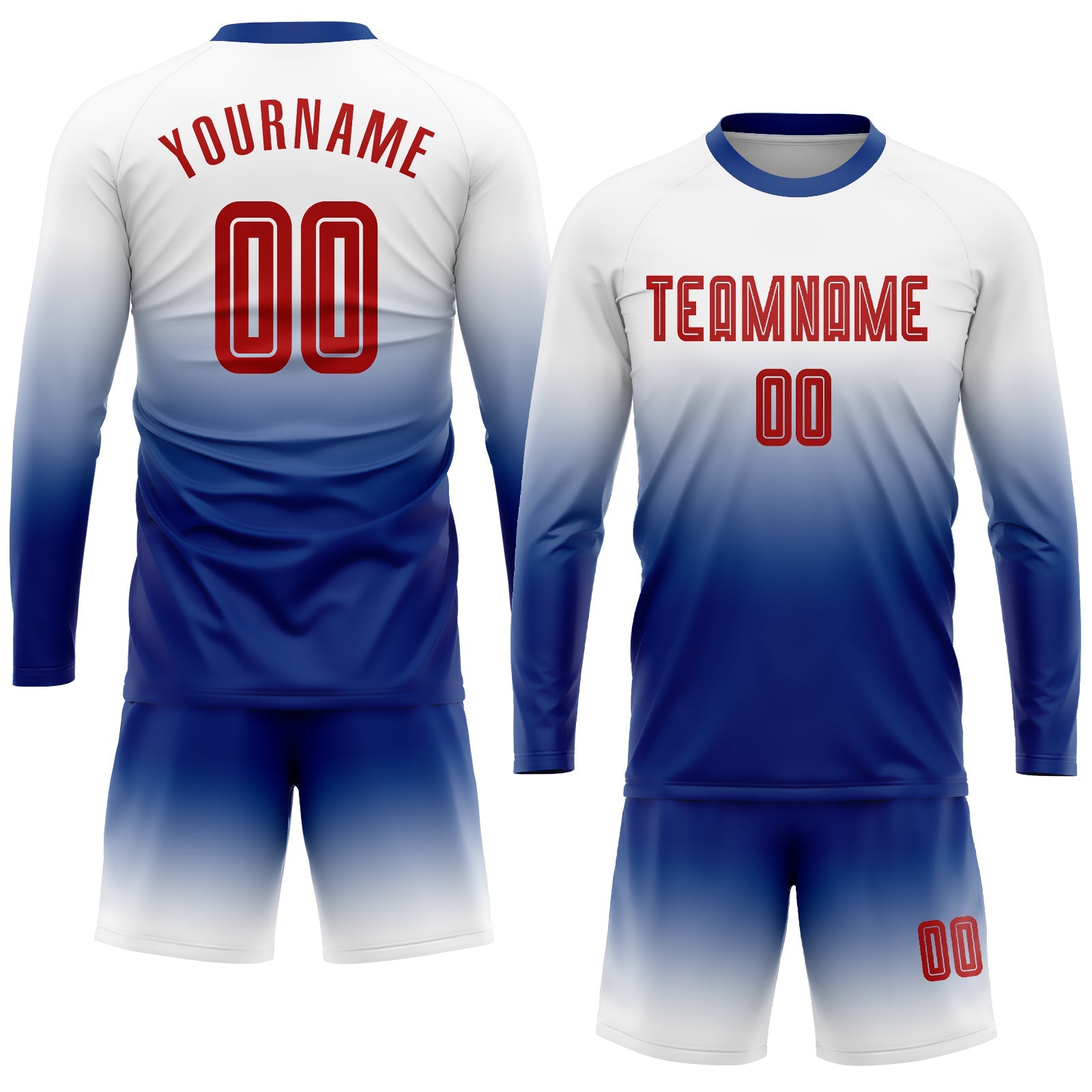 Custom White Red-Royal Sublimation Long Sleeve Fade Fashion Soccer Uniform Jersey view 2