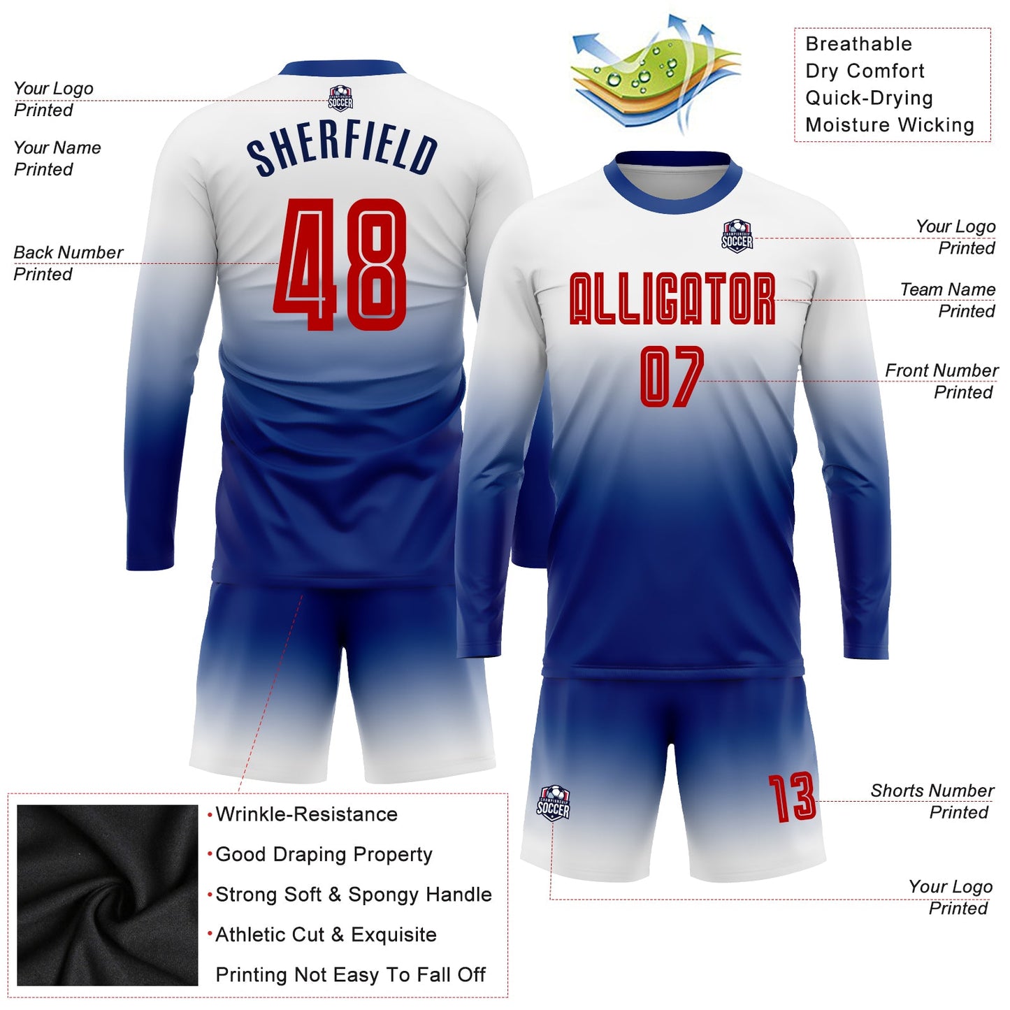 Custom White Red-Royal Sublimation Long Sleeve Fade Fashion Soccer Uniform Jersey view 3
