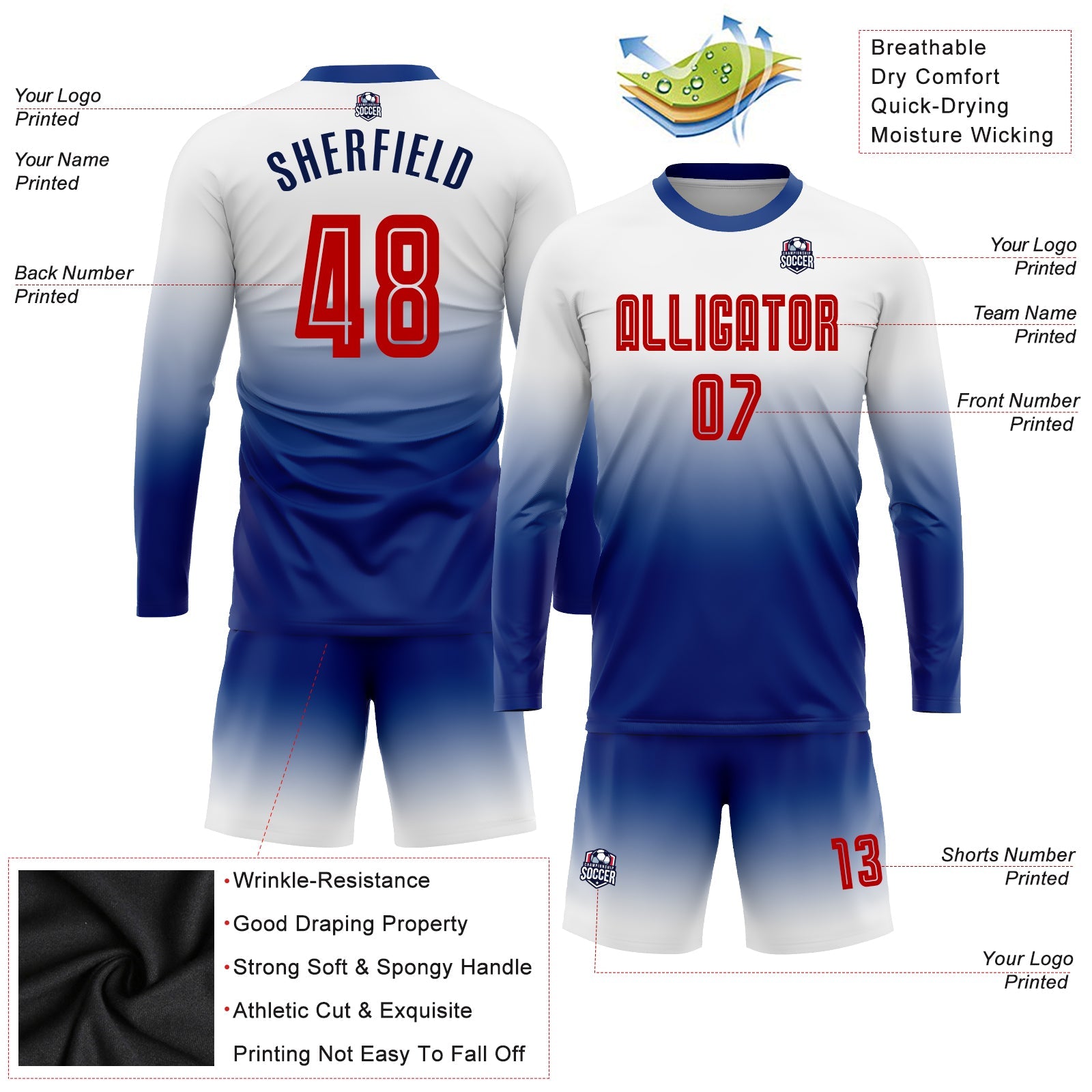 Custom White Red-Royal Sublimation Long Sleeve Fade Fashion Soccer Uniform Jersey view 3