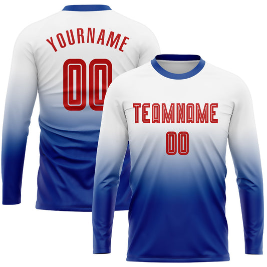 Custom White Red-Royal Sublimation Long Sleeve Fade Fashion Soccer Uniform Jersey - Main View