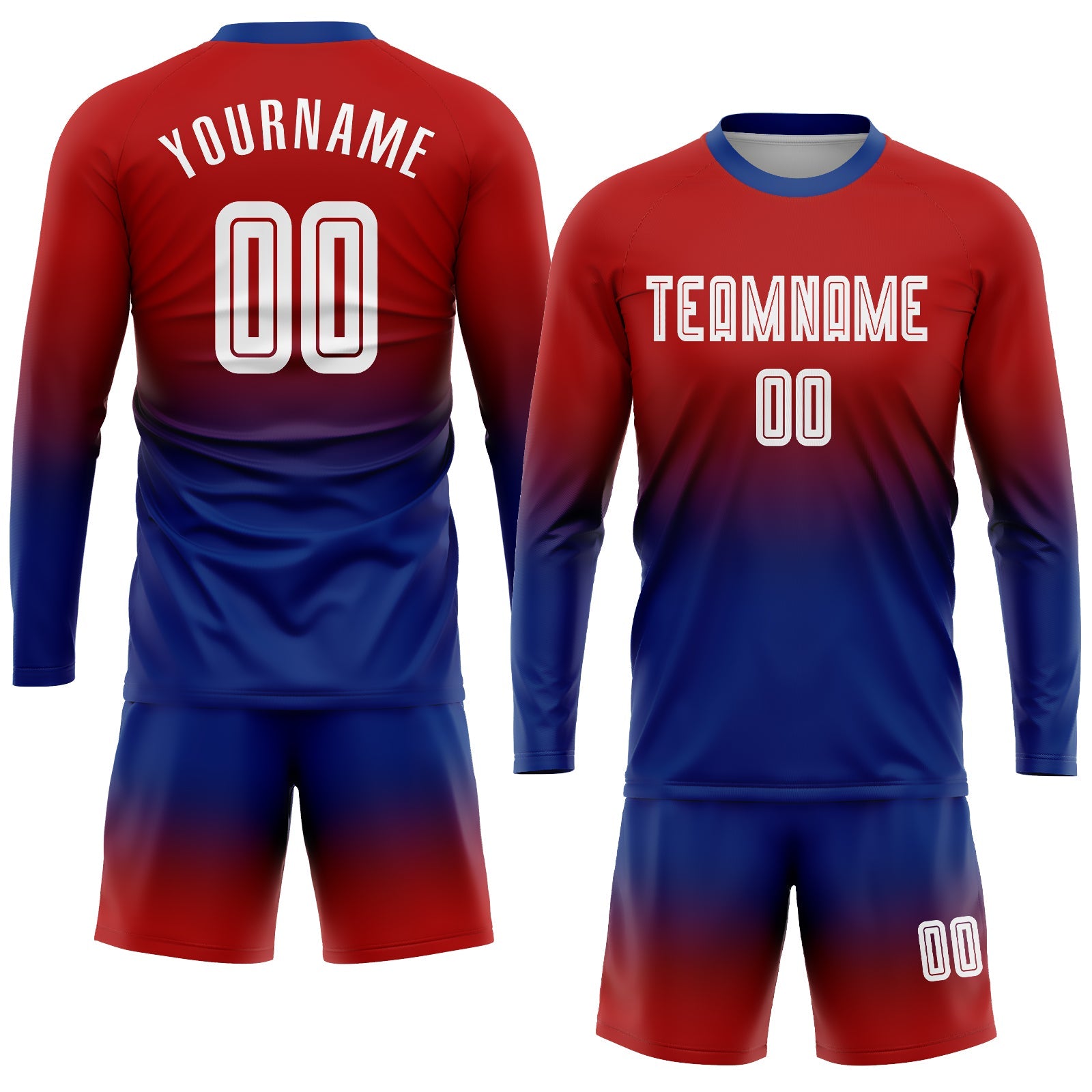 Custom Red White-Royal Sublimation Long Sleeve Fade Fashion Soccer Uniform Jersey view 2