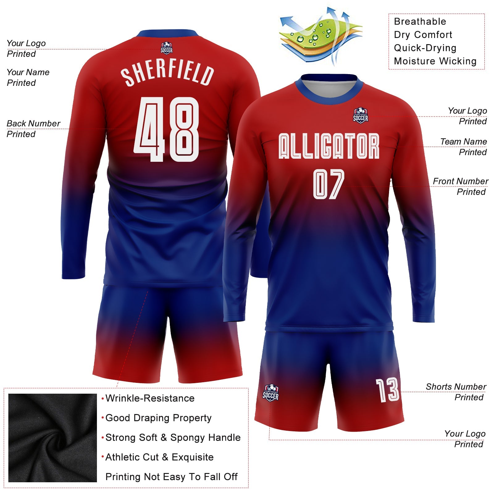 Custom Red White-Royal Sublimation Long Sleeve Fade Fashion Soccer Uniform Jersey view 3