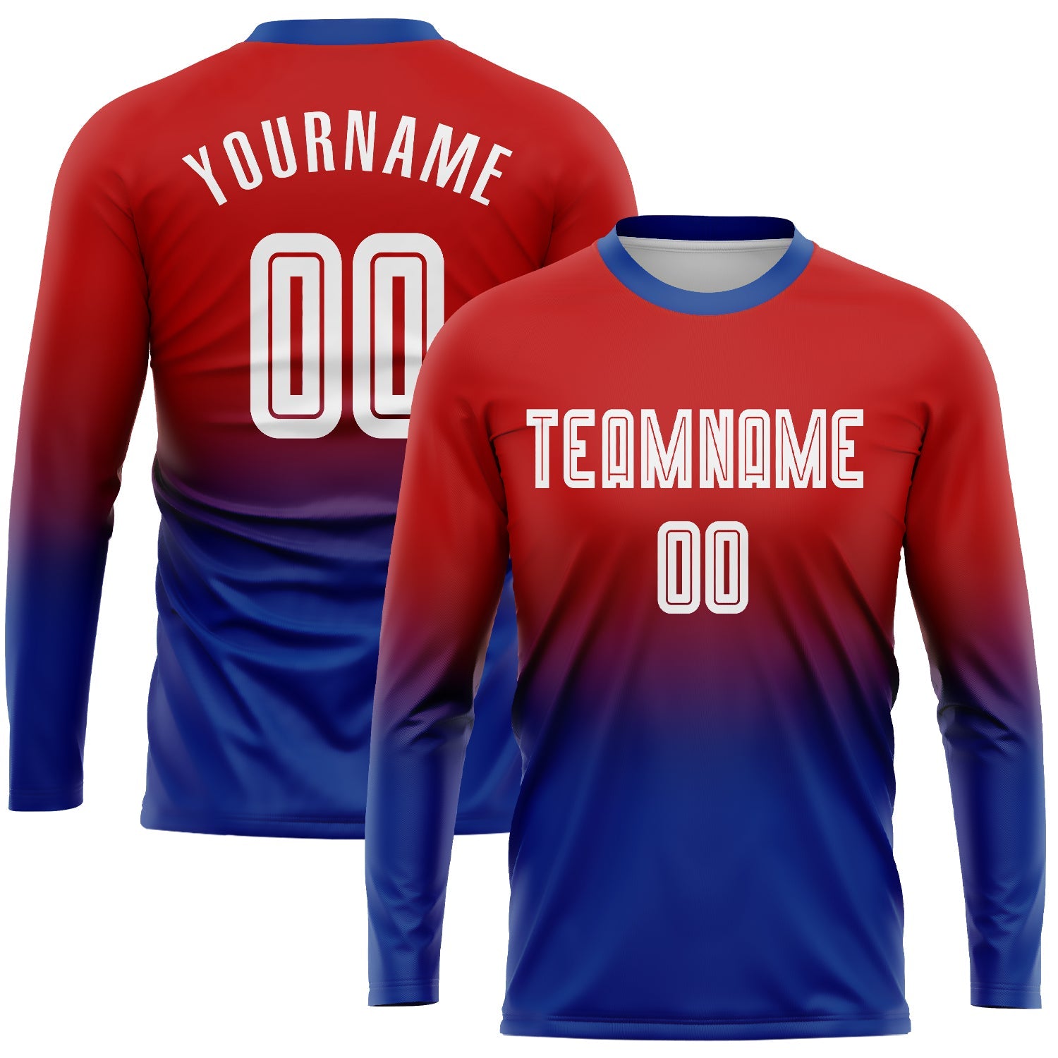 Custom Red White-Royal Sublimation Long Sleeve Fade Fashion Soccer Uniform Jersey - Main View