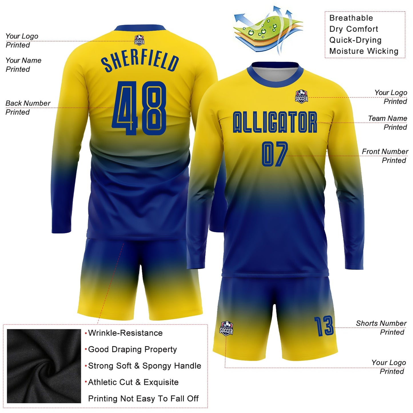 Custom Gold Royal Sublimation Long Sleeve Fade Fashion Soccer Uniform Jersey view 3