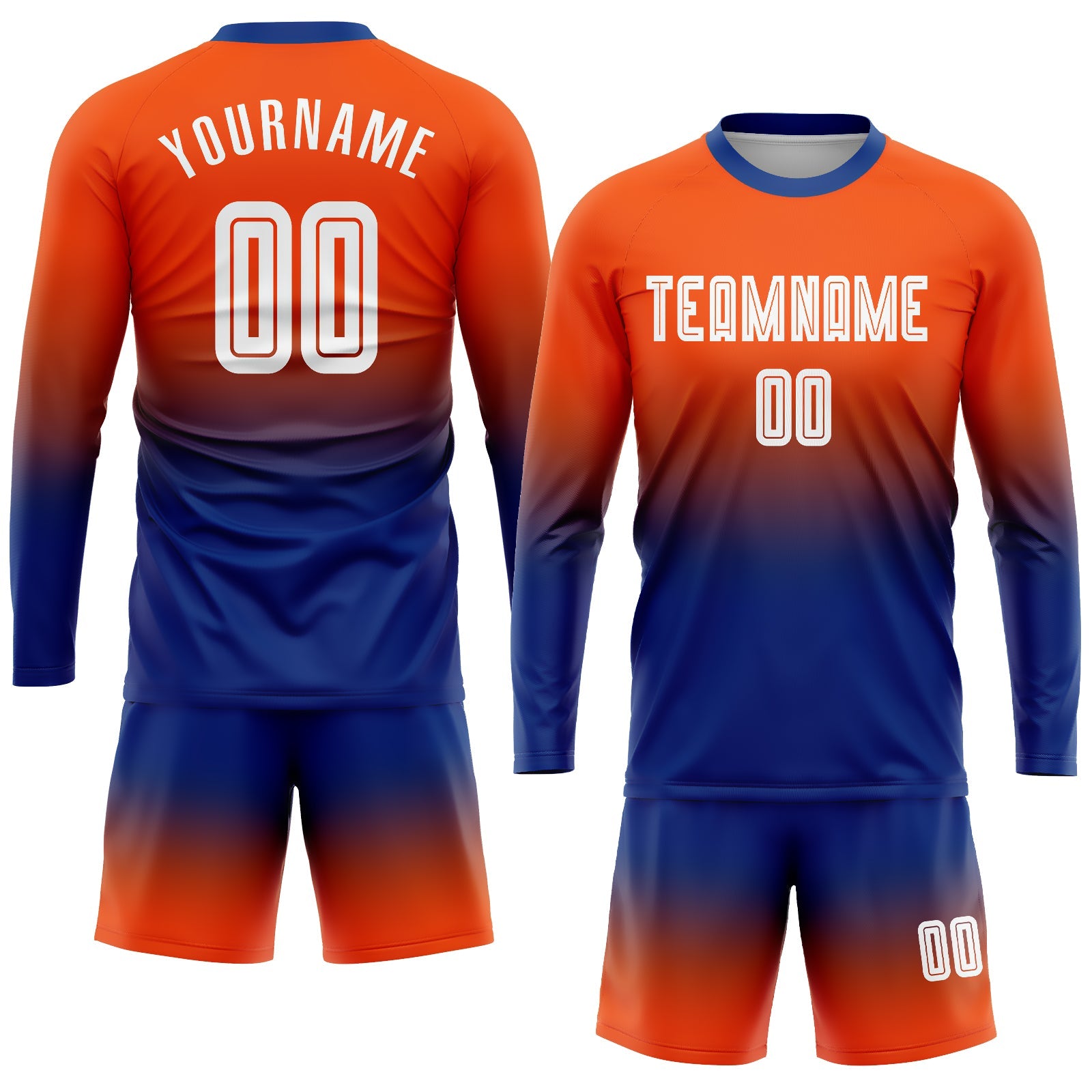 Custom Orange White-Royal Sublimation Long Sleeve Fade Fashion Soccer Uniform Jersey view 2