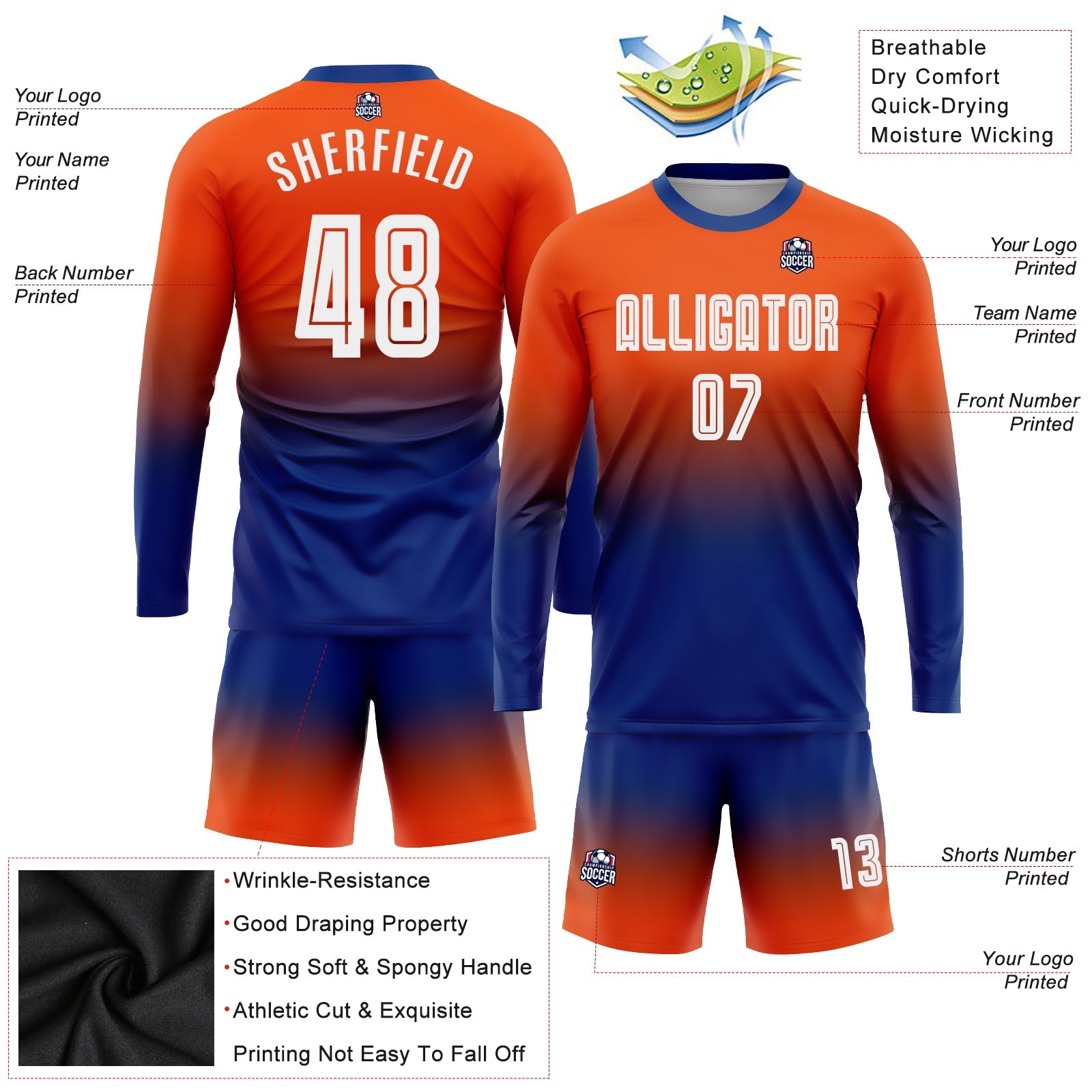Custom Orange White-Royal Sublimation Long Sleeve Fade Fashion Soccer Uniform Jersey view 3