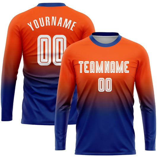 Custom Orange White-Royal Sublimation Long Sleeve Fade Fashion Soccer Uniform Jersey - Main View