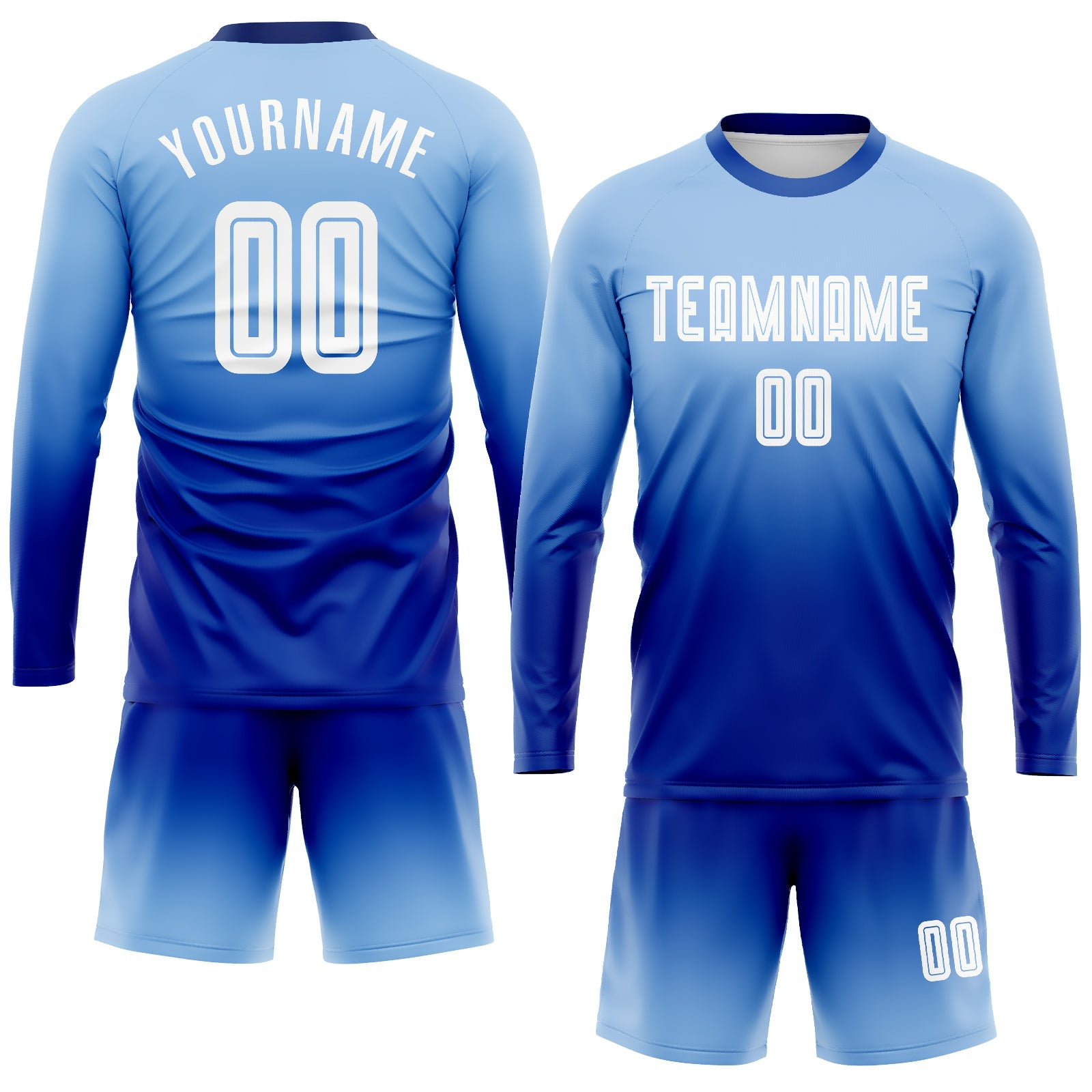 Custom Light Blue White-Royal Sublimation Long Sleeve Fade Fashion Soccer Uniform Jersey view 2