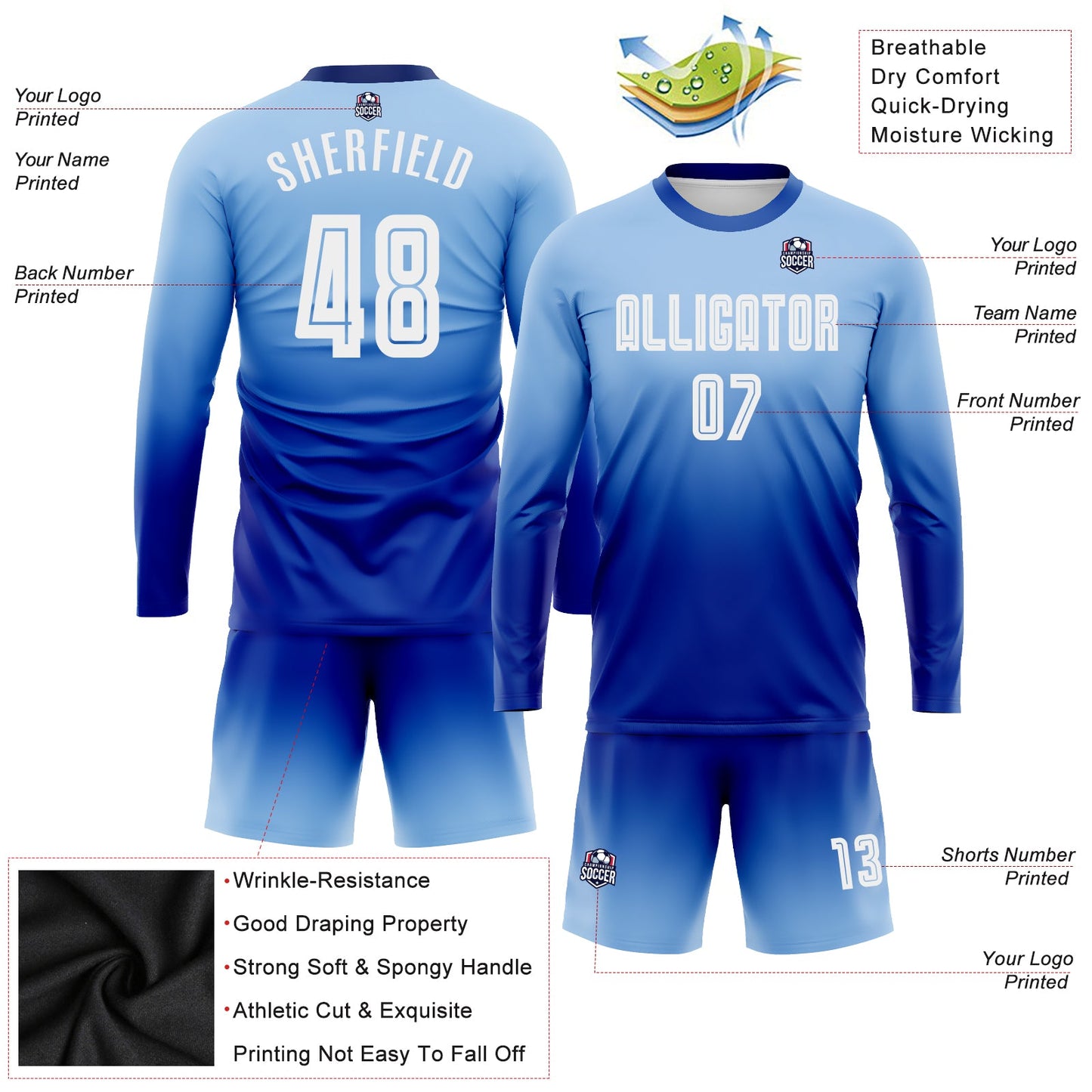 Custom Light Blue White-Royal Sublimation Long Sleeve Fade Fashion Soccer Uniform Jersey view 3