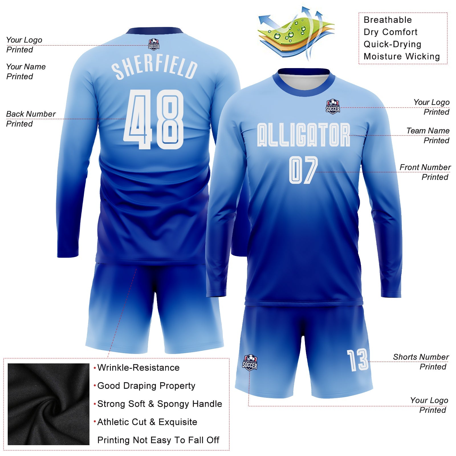 Custom Light Blue White-Royal Sublimation Long Sleeve Fade Fashion Soccer Uniform Jersey view 3
