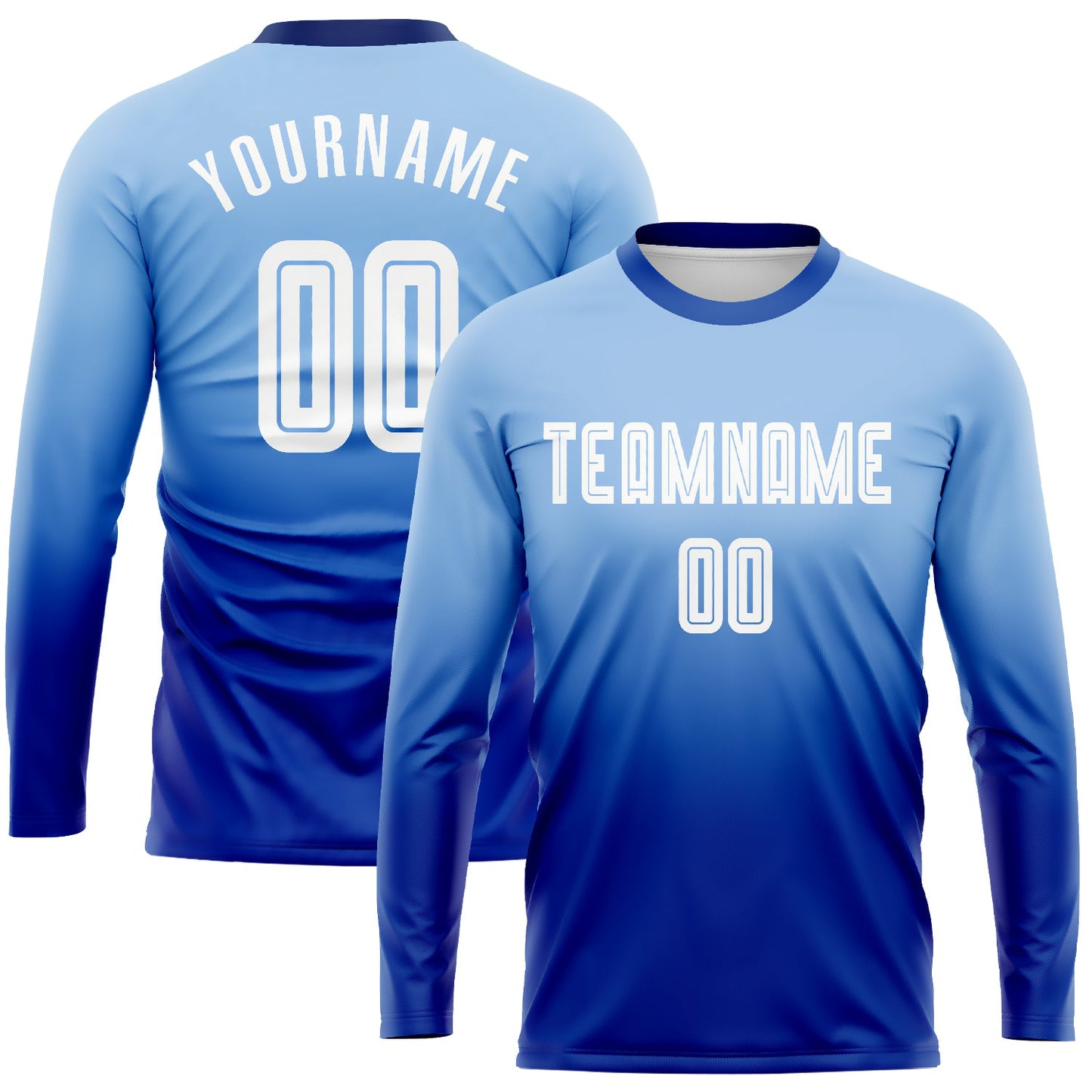Custom Light Blue White-Royal Sublimation Long Sleeve Fade Fashion Soccer Uniform Jersey - Main View