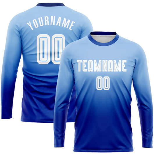 Custom Light Blue White-Royal Sublimation Long Sleeve Fade Fashion Soccer Uniform Jersey - Main View