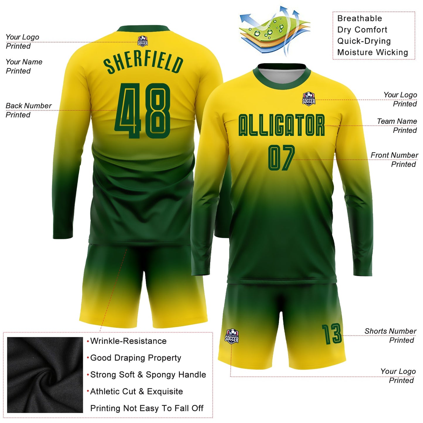 Custom Gold Green Sublimation Long Sleeve Fade Fashion Soccer Uniform Jersey view 3