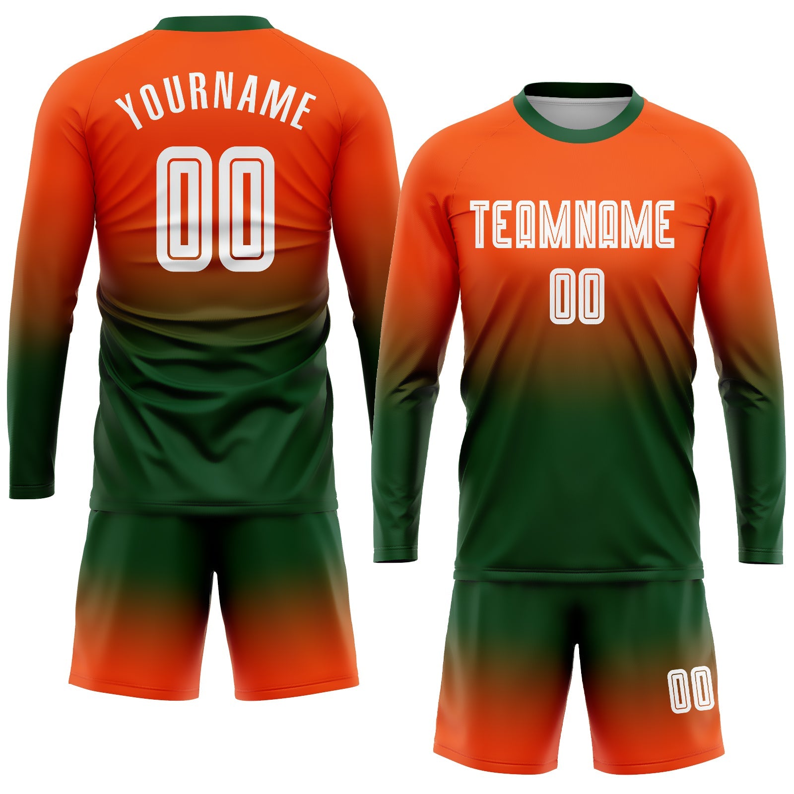 Custom Orange White-Green Sublimation Long Sleeve Fade Fashion Soccer Uniform Jersey view 2